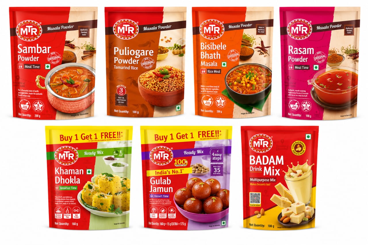 MTR sambar, puliogare, bisibele bhath, rasam, khaman dhokla, gulab jamun and badam mixes