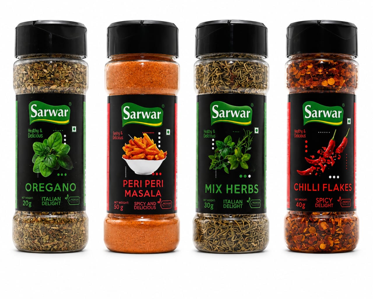 Sarwar oregano, peri peri masala, mixed herbs and chilli flakes